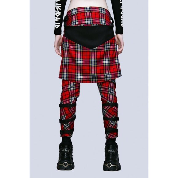 Long Clothing Red Tartan Clip Pants Punk Patch Buckle Straps Y2K Streetwear S - Picture 4 of 10